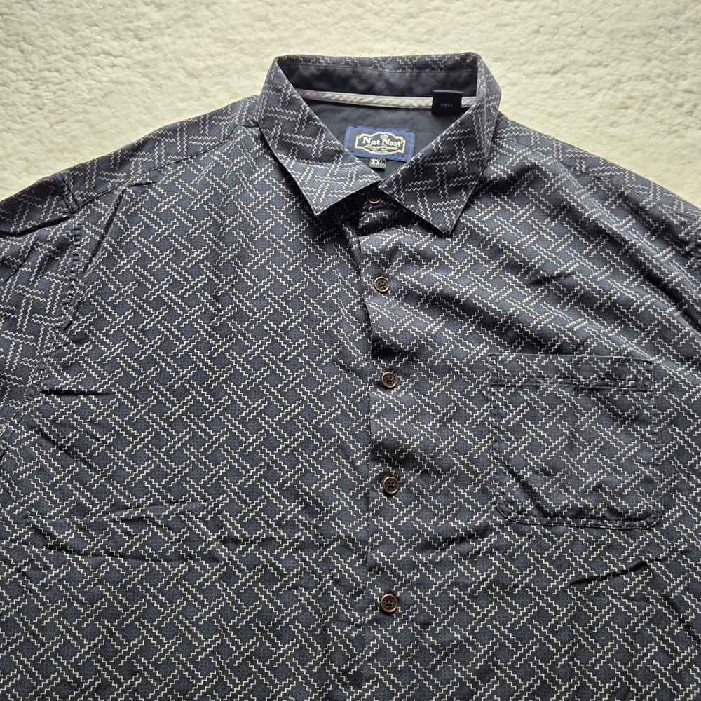 Nat Nast Shirt Mens 2XL Blue Geometric Short Sleeve Silk Cotton Button-Up Casual